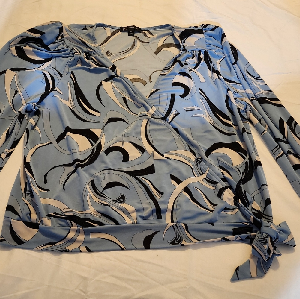 INC TOP WOMEN XXL BLUE Side-Tie Surplice NECKLINE LONG SLEEVE